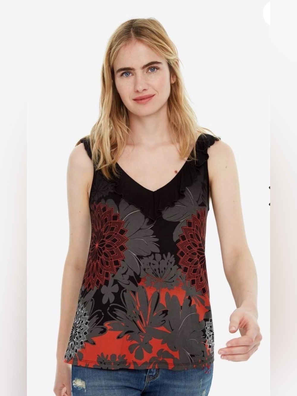 Desigual Black Floral V-Neck Camisole with Red and Gray Motif - Picture 2 of 11